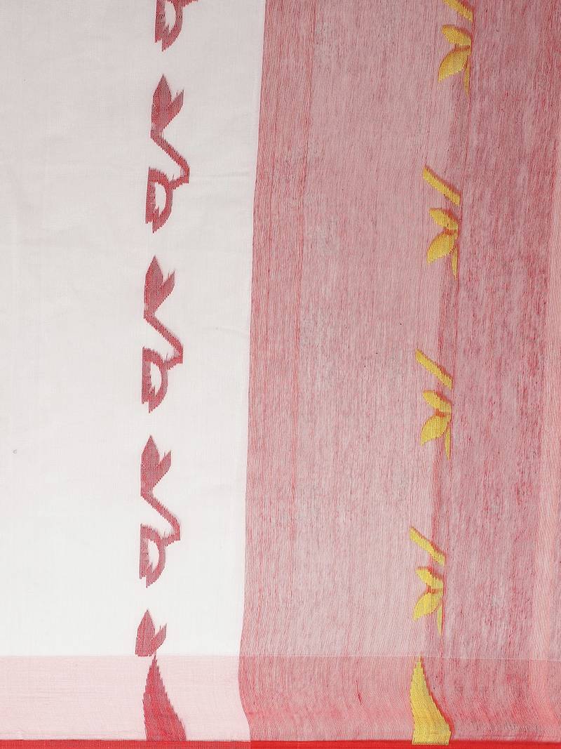 White & Red Woven Design Handloom Dhakai Jamdani Saree