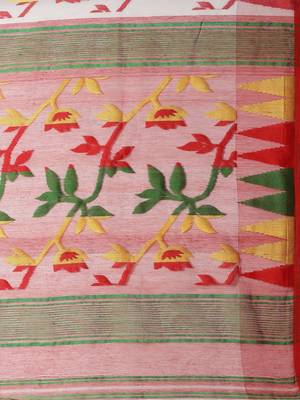 White & Red Woven Design Handloom Dhakai Jamdani Saree 4