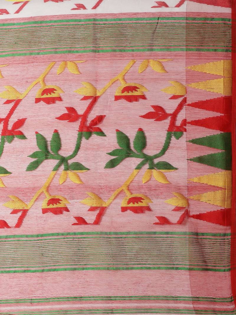 White & Red Woven Design Handloom Dhakai Jamdani Saree
