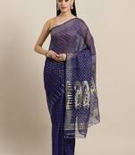 Navy Blue & Golden Zari Woven Design Jamdani Saree
