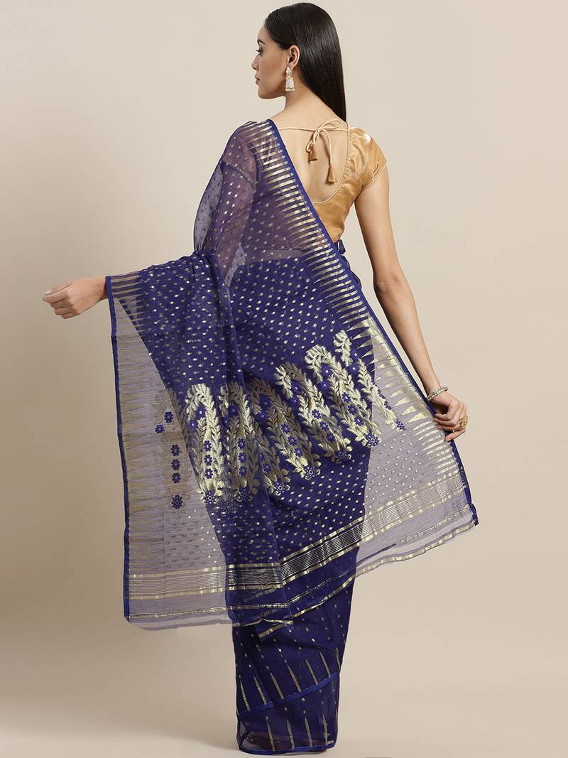 Navy Blue & Golden Zari Woven Design Jamdani Saree