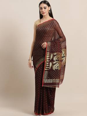 Burgundy & Golden Woven Design Dhakai Jamdani Saree 1
