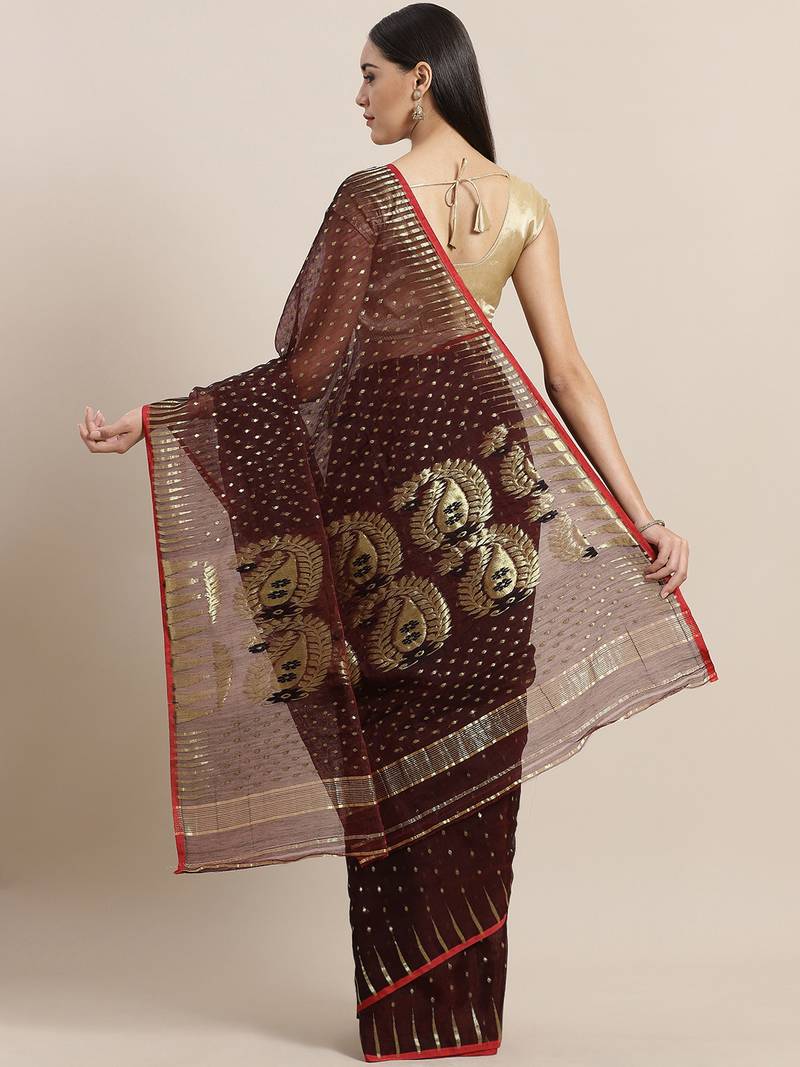 Burgundy & Golden Woven Design Dhakai Jamdani Saree
