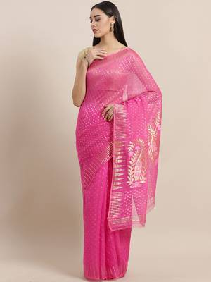 Pink & Golden Woven Design Dhakai Jamdani Saree 1
