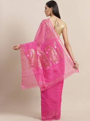 Pink & Golden Woven Design Dhakai Jamdani Saree 2