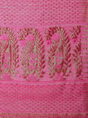 Pink & Golden Woven Design Dhakai Jamdani Saree 4