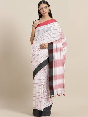 White & Red Handloom Checked Saree 1