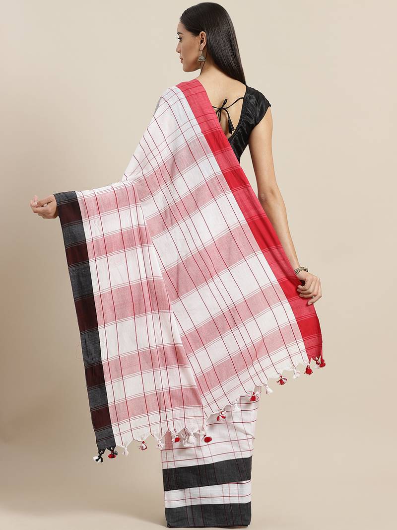 White & Red Handloom Checked Saree