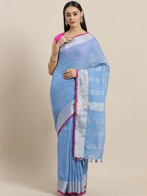 Blue & Silver Linen Solid Handloom Saree 1