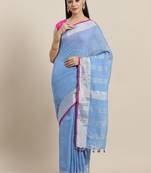 Blue & Silver Linen Solid Handloom Saree