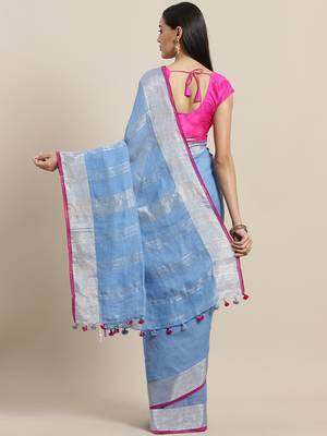 Blue & Silver Linen Solid Handloom Saree 2