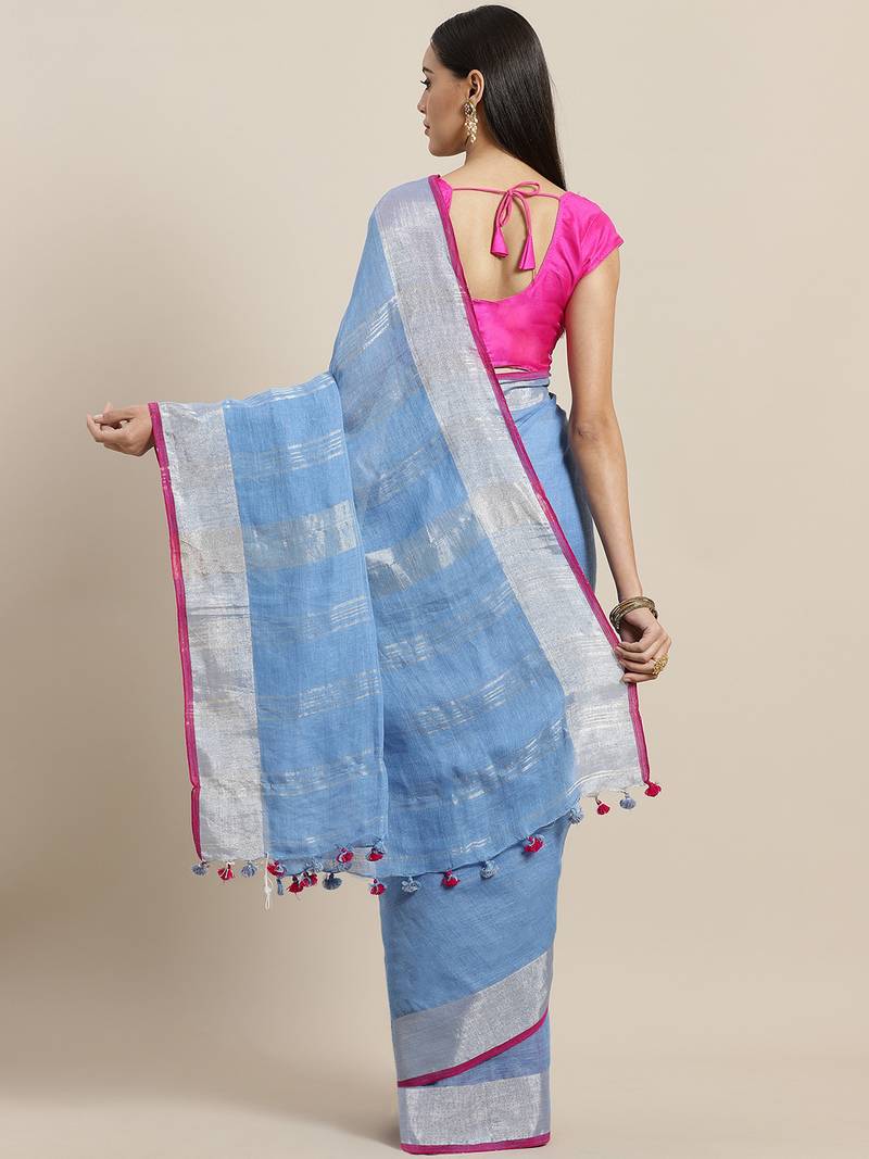 Blue & Silver Linen Solid Handloom Saree