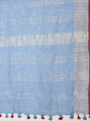 Blue & Silver Linen Solid Handloom Saree 4