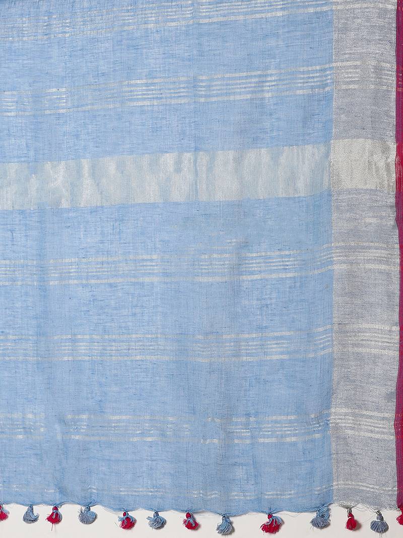 Blue & Silver Linen Solid Handloom Saree