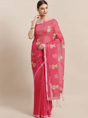 Pink & Golden Woven Design Handloom Saree 1