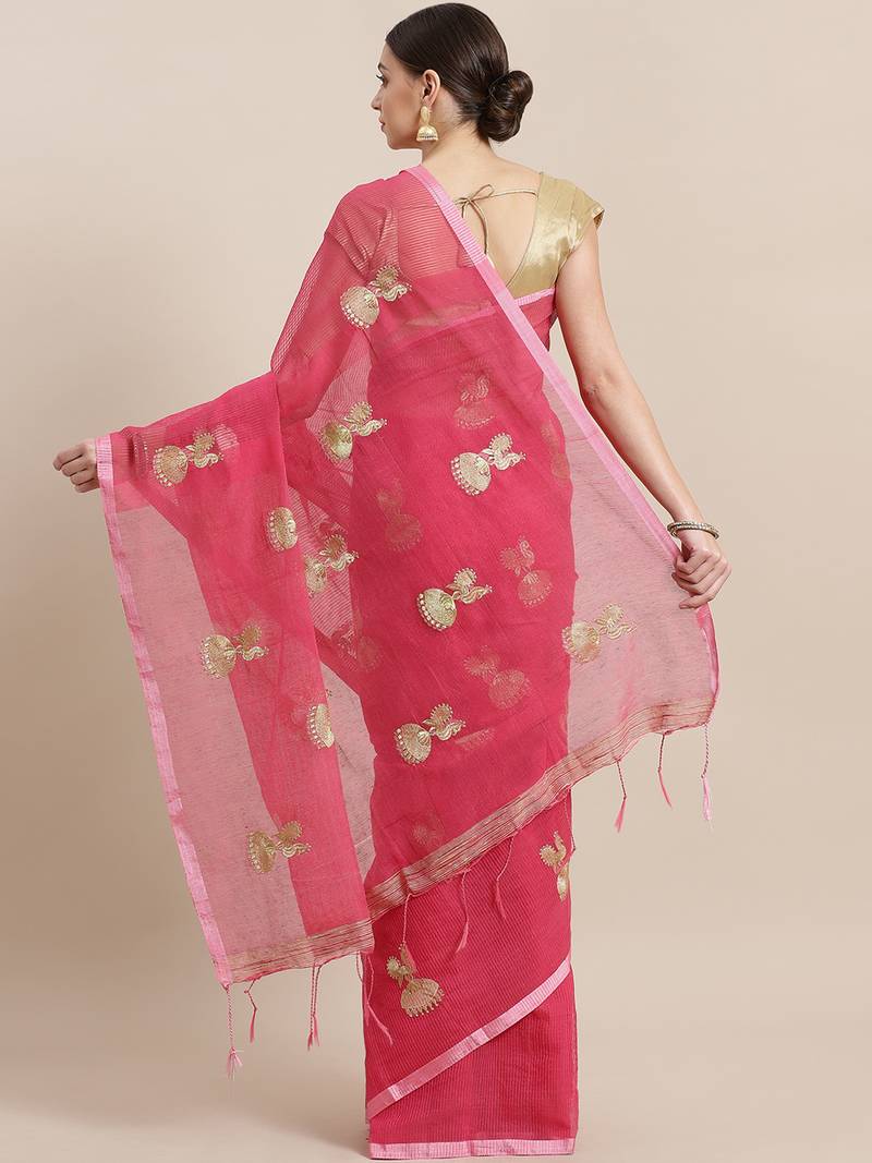 Pink & Golden Woven Design Handloom Saree