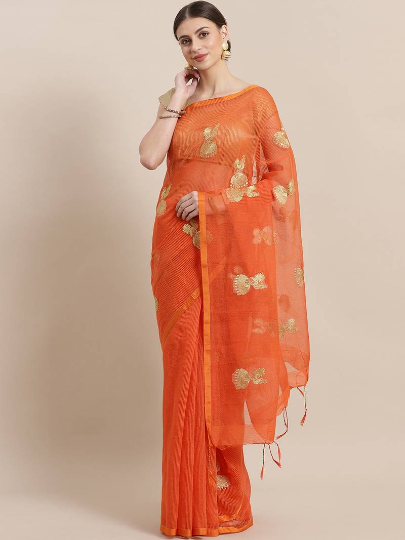Orange & Golden Handloom Woven Design Saree
