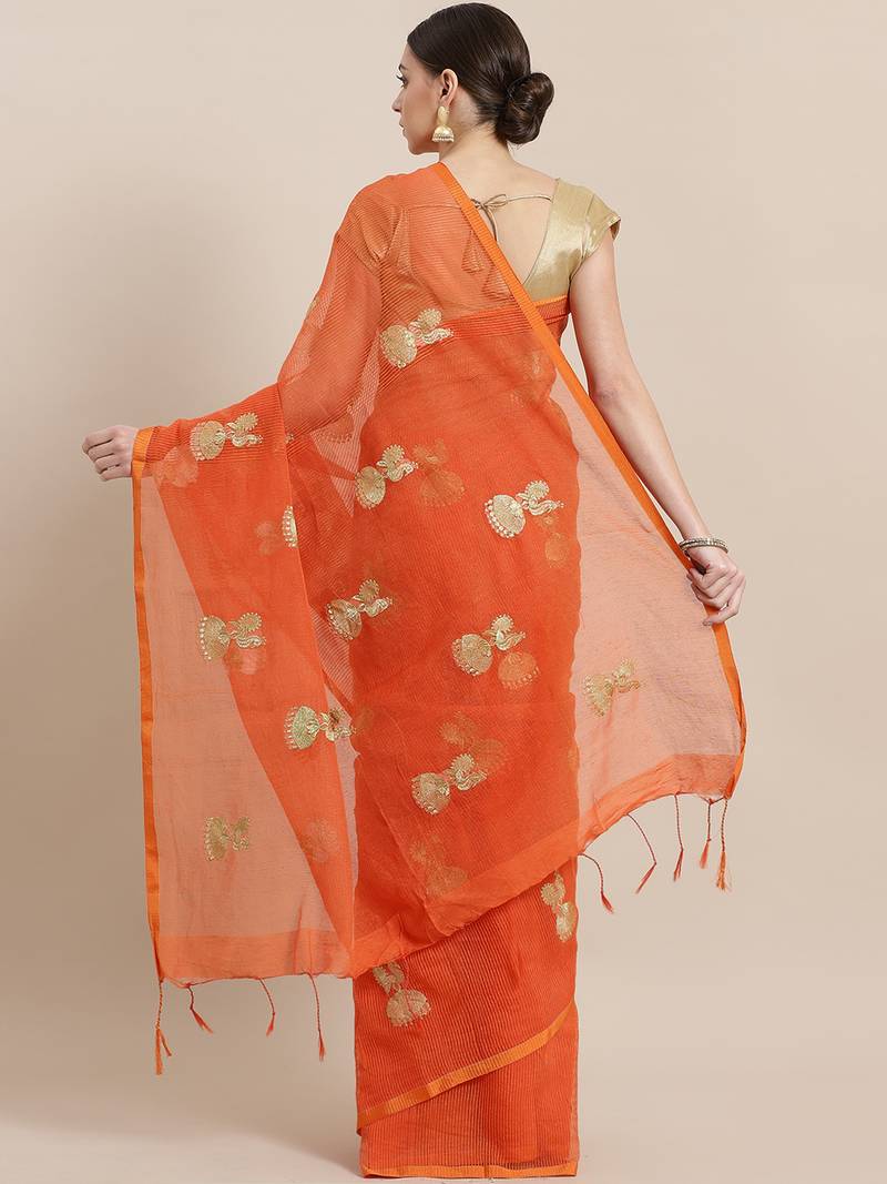 Orange & Golden Handloom Woven Design Saree