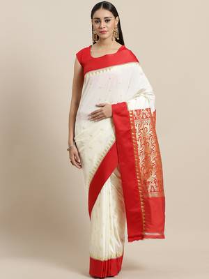 White & Red Woven Design art-silk-sarees 1