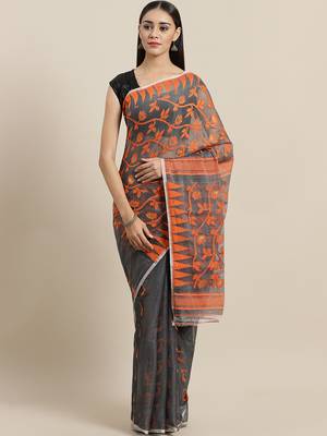 Charcoal Grey & Orange Woven Design Dhakai Jamdani Saree Without Blouse 1