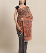 Charcoal Grey & Orange Woven Design Dhakai Jamdani Saree Without Blouse