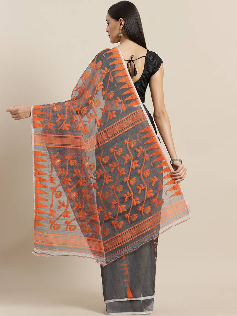 Charcoal Grey & Orange Woven Design Dhakai Jamdani Saree Without Blouse