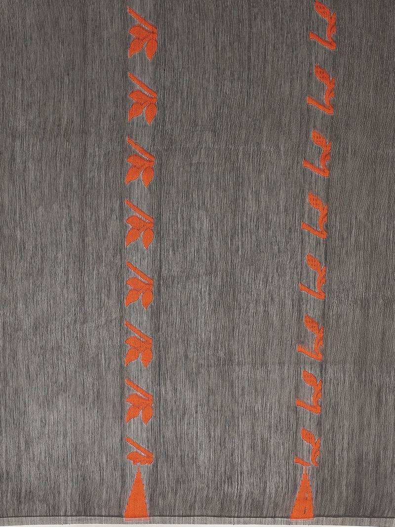 Charcoal Grey & Orange Woven Design Dhakai Jamdani Saree Without Blouse