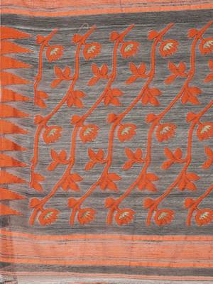 Charcoal Grey & Orange Woven Design Dhakai Jamdani Saree Without Blouse 4