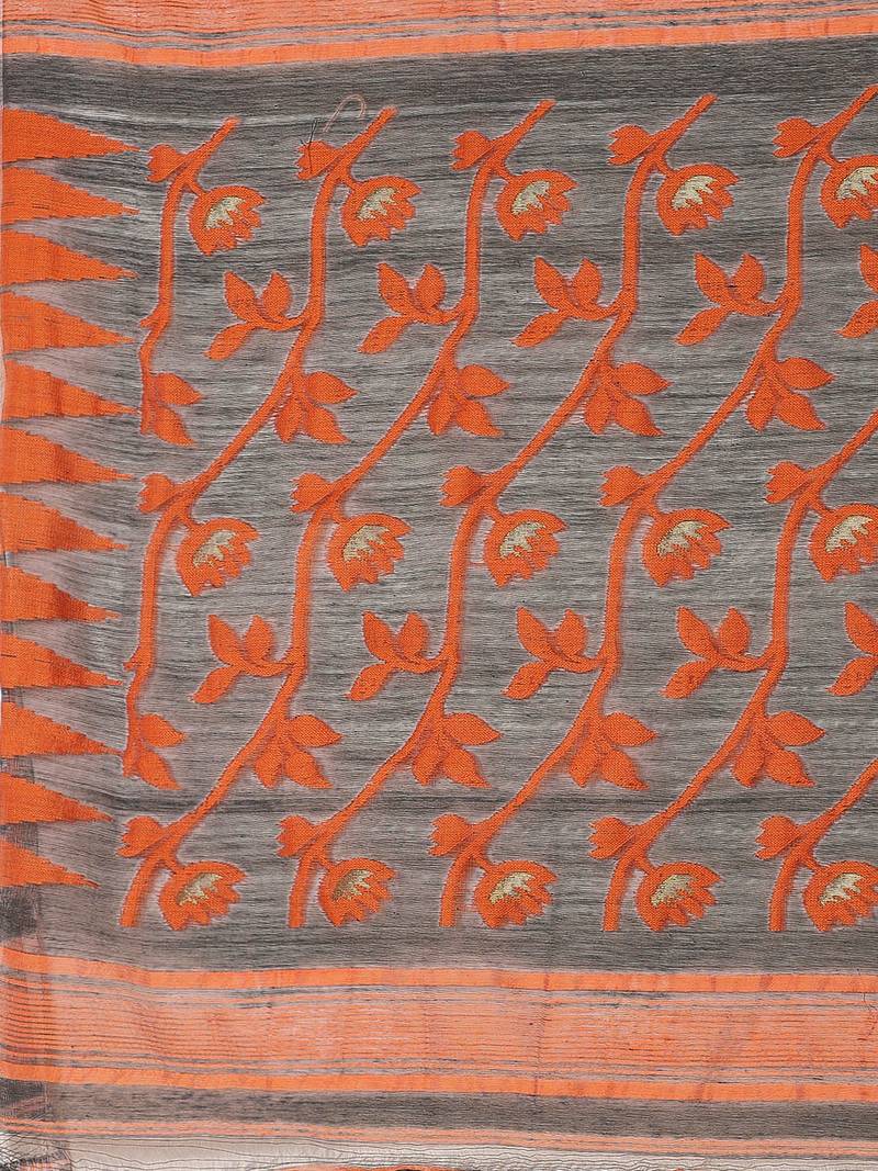 Charcoal Grey & Orange Woven Design Dhakai Jamdani Saree Without Blouse