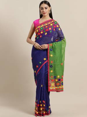 Navy Blue & Green Embroidered Handloom Saree 1
