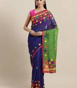 Navy Blue & Green Embroidered Handloom Saree