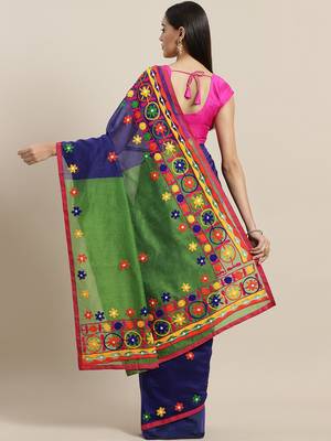 Navy Blue & Green Embroidered Handloom Saree 2