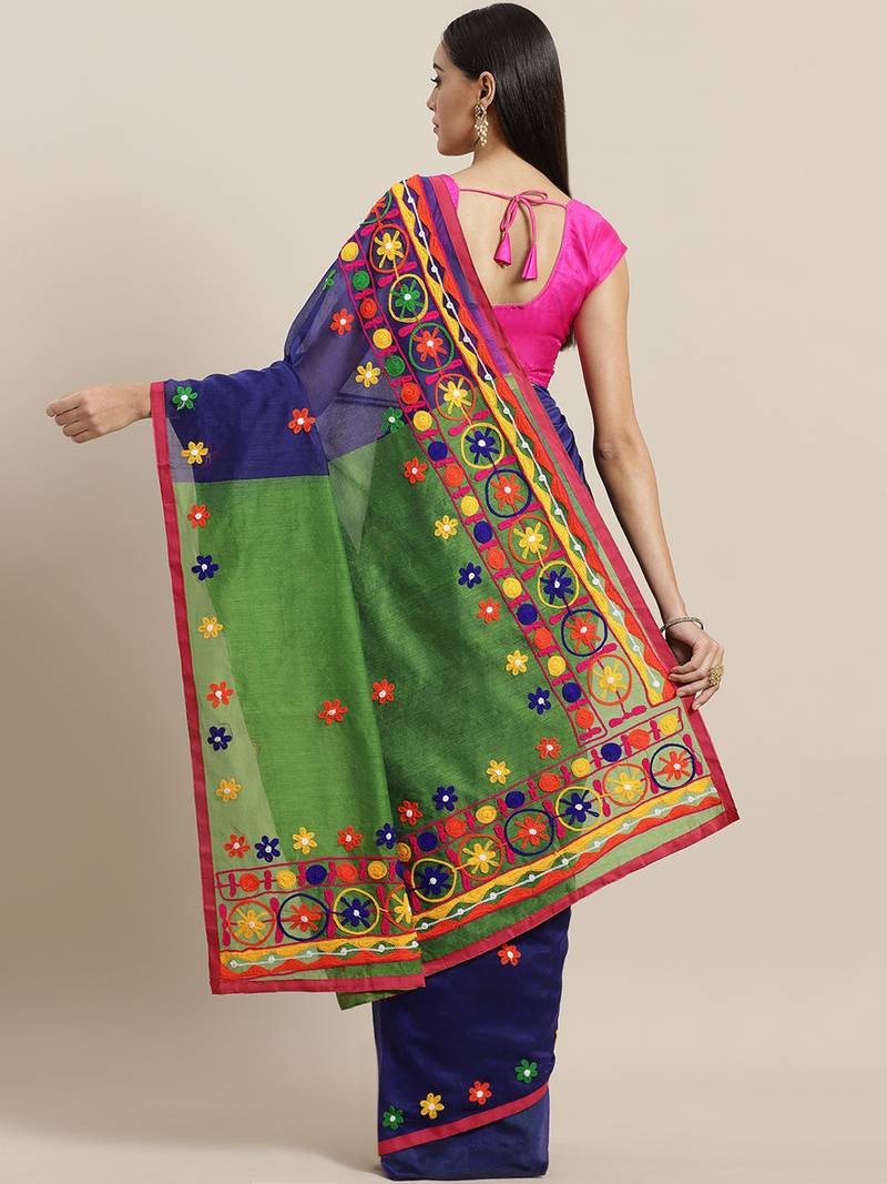 Navy Blue & Green Embroidered Handloom Saree