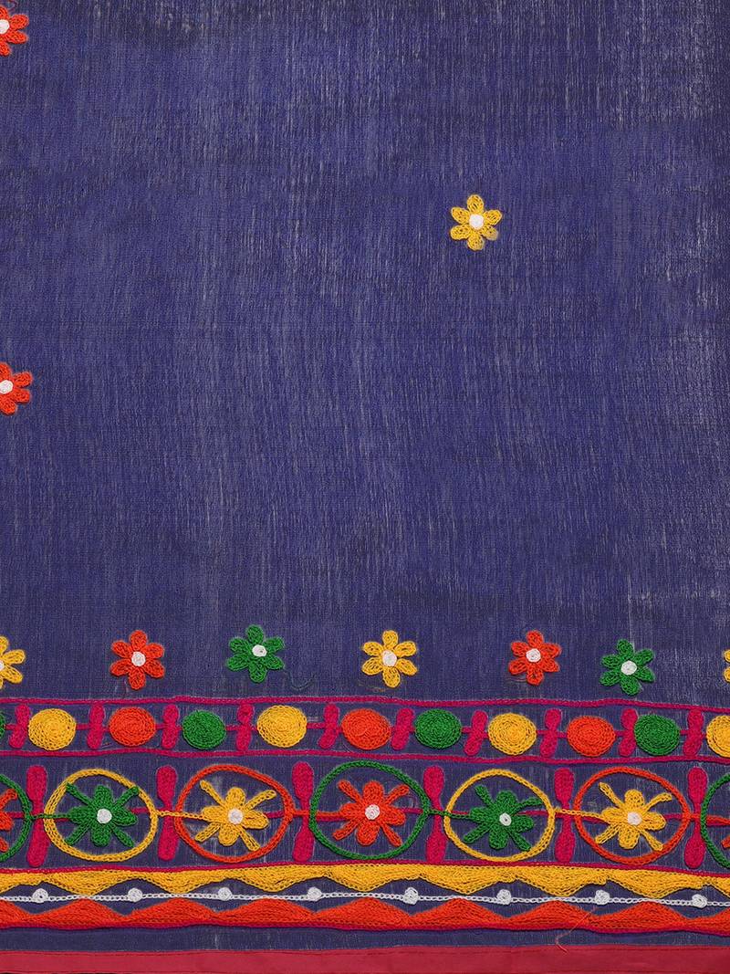 Navy Blue & Green Embroidered Handloom Saree