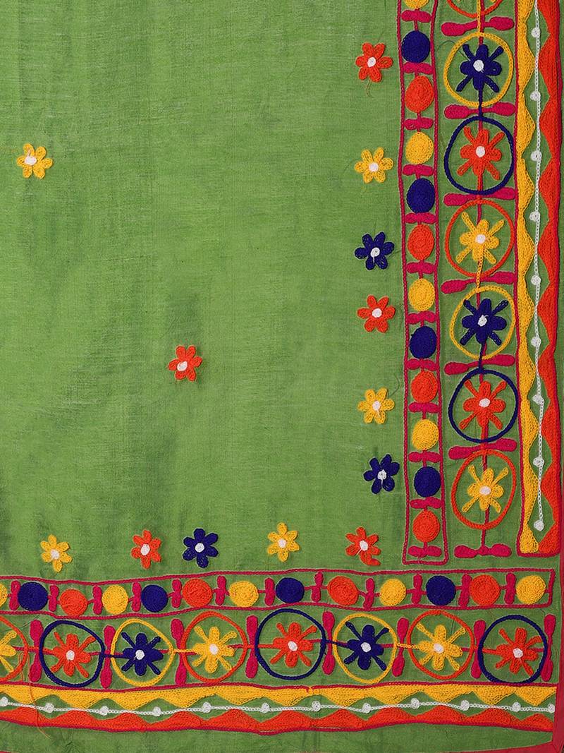 Navy Blue & Green Embroidered Handloom Saree