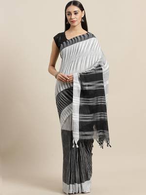 White & Black Handloom Woven Design Saree 1