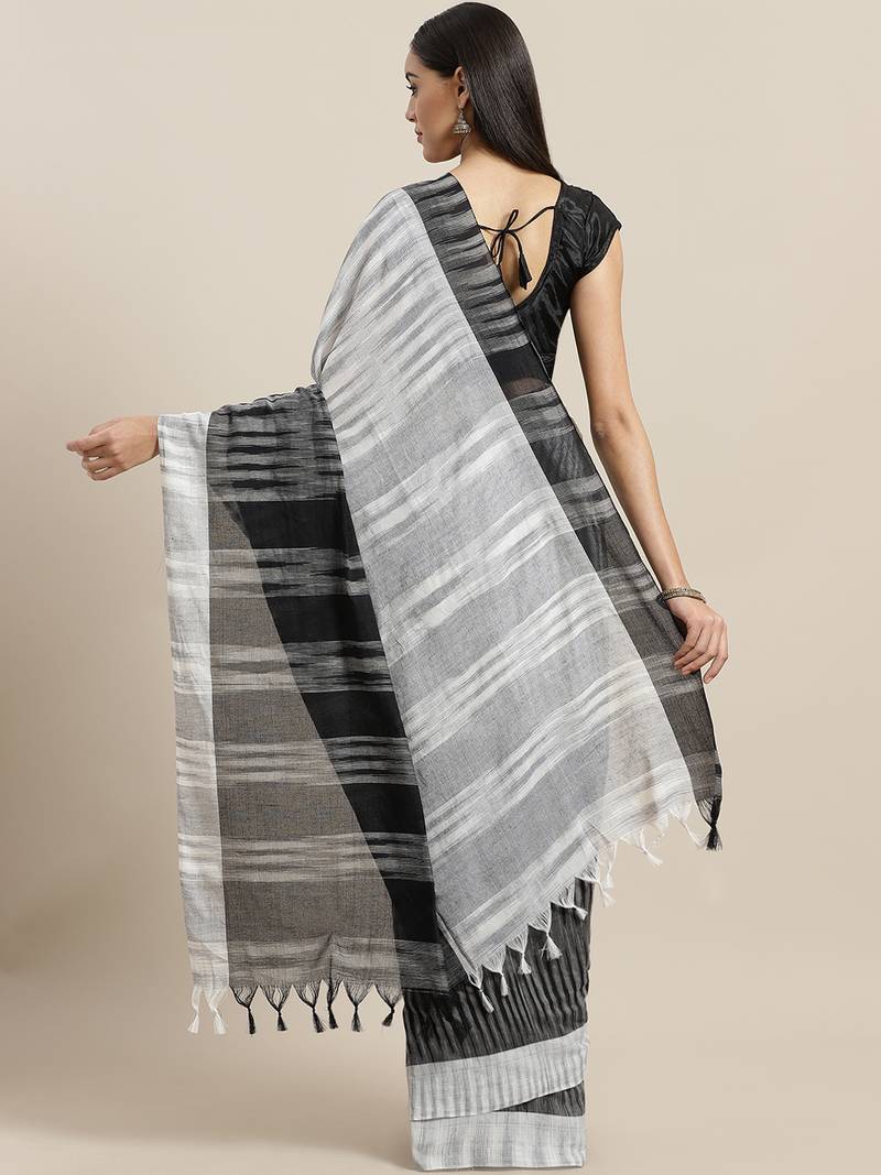 White & Black Handloom Woven Design Saree