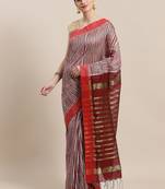 Marroon & Off-White Handloom Printed Ikat Saree