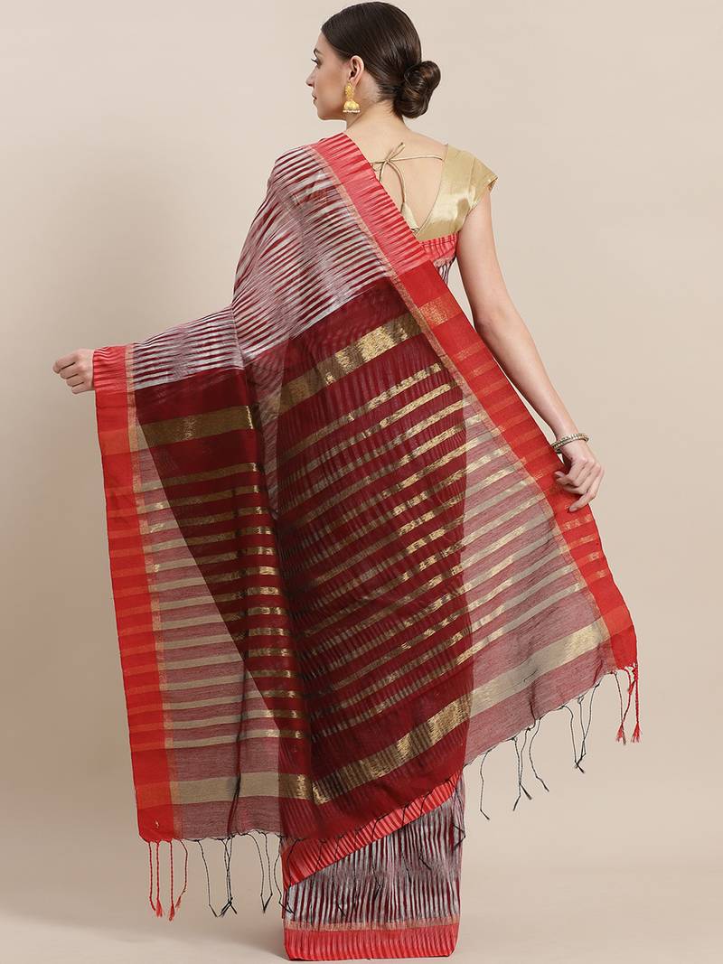 Marroon & Off-White Handloom Printed Ikat Saree