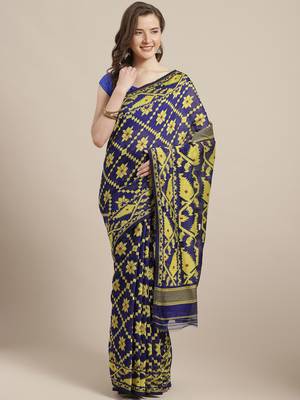 Blue & Yellow Geometric Woven Design Dhakai Jamdani Saree Without Blouse 1