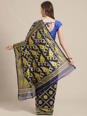 Blue & Yellow Geometric Woven Design Dhakai Jamdani Saree Without Blouse 2