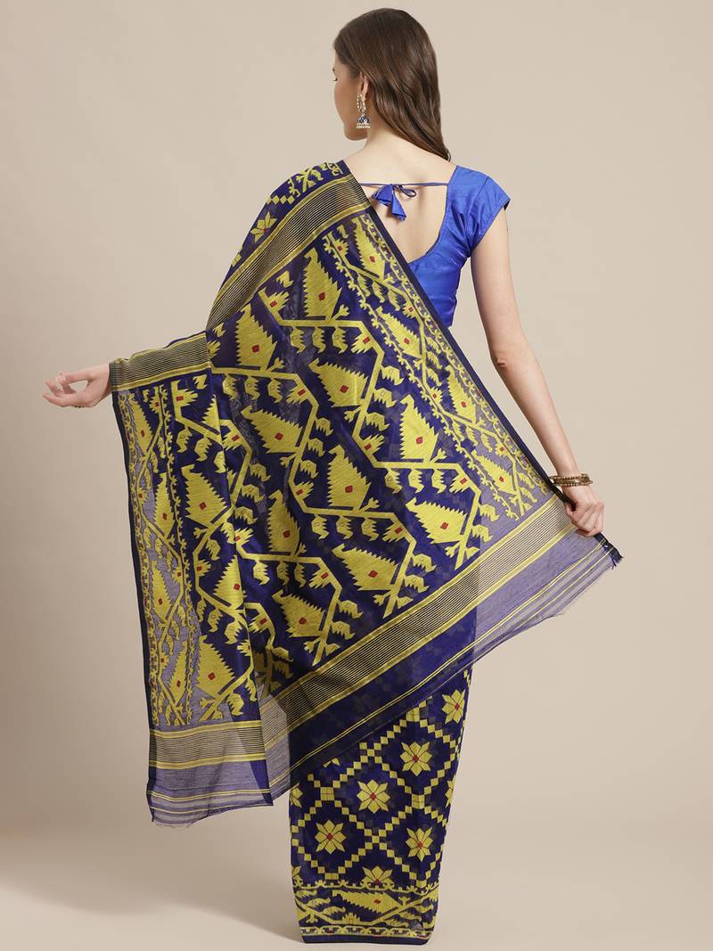 Blue & Yellow Geometric Woven Design Dhakai Jamdani Saree Without Blouse