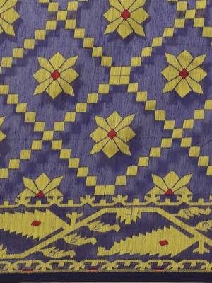 Blue & Yellow Geometric Woven Design Dhakai Jamdani Saree Without Blouse 3