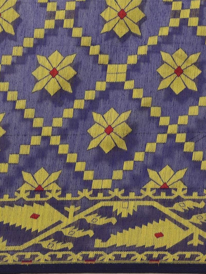 Blue & Yellow Geometric Woven Design Dhakai Jamdani Saree Without Blouse