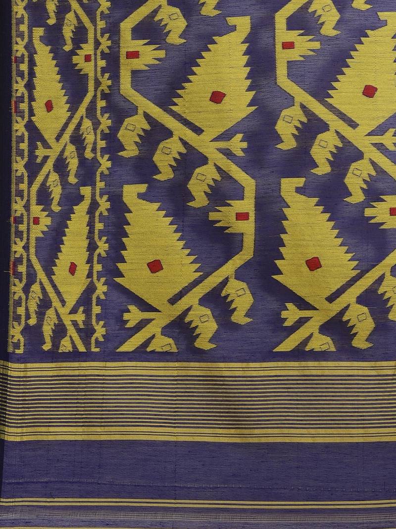 Blue & Yellow Geometric Woven Design Dhakai Jamdani Saree Without Blouse