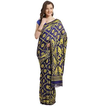 Blue & Yellow Geometric Woven Design Dhakai Jamdani Saree Without Blouse 5