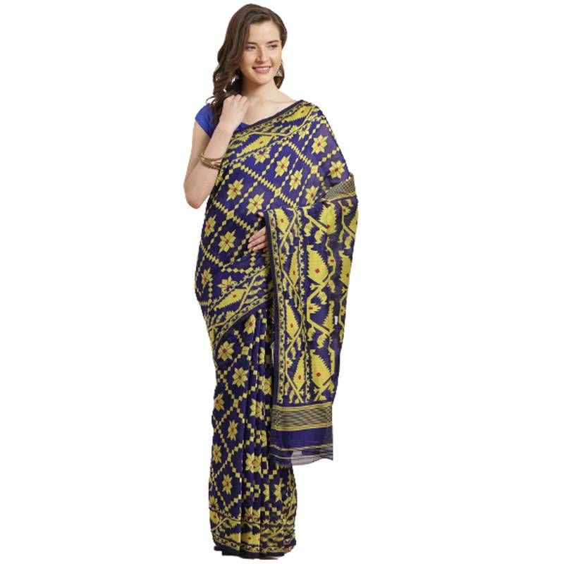 Blue & Yellow Geometric Woven Design Dhakai Jamdani Saree Without Blouse