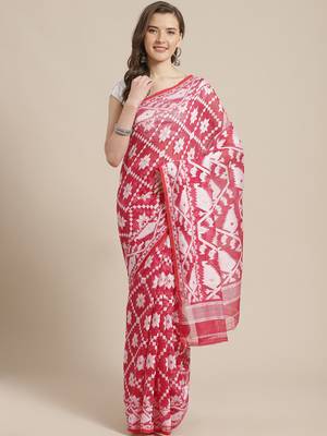 Pink & White Woven Design Jamdani Saree Without Blouse 1