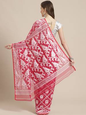 Pink & White Woven Design Jamdani Saree Without Blouse 2