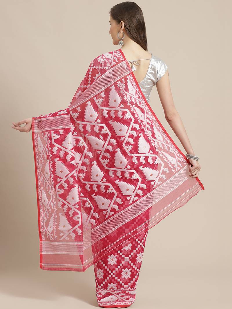Pink & White Woven Design Jamdani Saree Without Blouse
